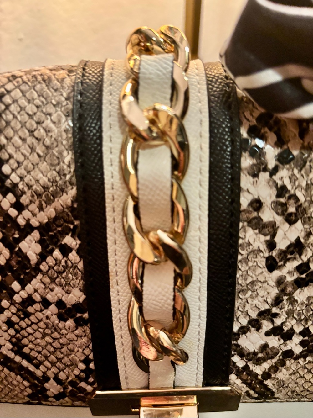 Structured Top-Handle Snake-Print Satchel in Black & Cream - Picture 2 of 8